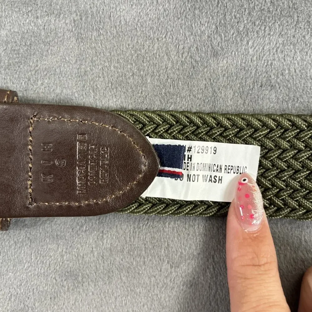 Tommy Hilfiger Web Braided Belt Small Green Stretch Leather Trim Silver Buckle
